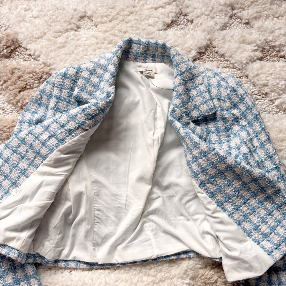 Jason Wu tweed crop plaid check blue white blazer 8 - Picture 4 of 9